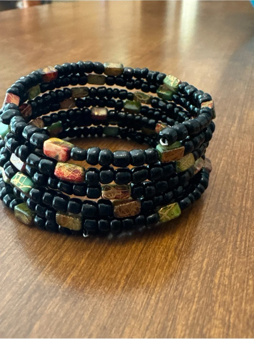 Handcrafted Black Beaded Coil Bracelet with Multicolor Accent Beads